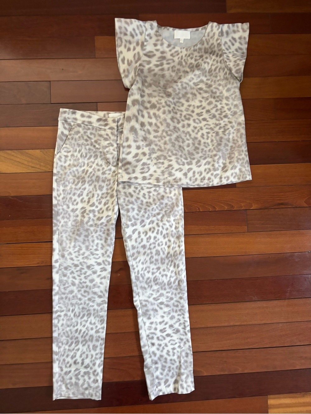 ALEXIS 2 pc Set - Leopard Print Top & Pants  Set in Light Taupe and Gray Small